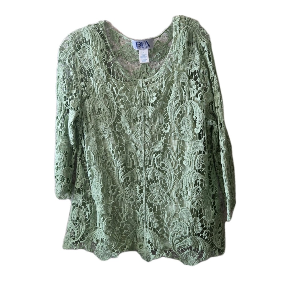 BFA Classics Lace Blouse Top Women's Large Green Lined 3/4 Sleeve‎ Floral